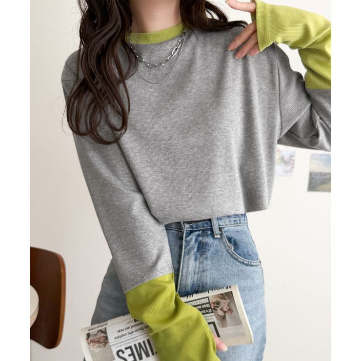 レイヤード見えで仕上げる、きれいめモード。指穴（サムホール）付き袖配色切り替えテ… | Classical Elf  | 詳細画像11 