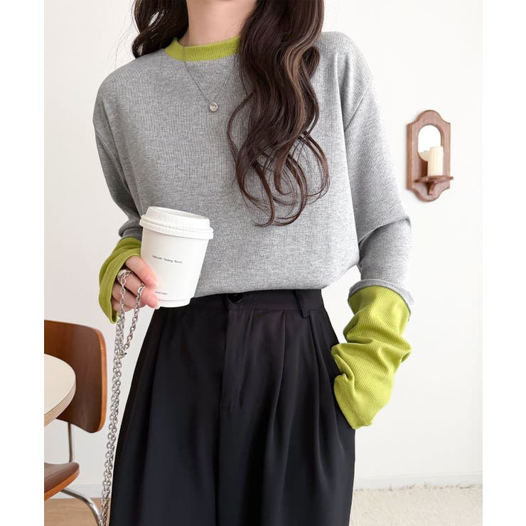 レイヤード見えで仕上げる、きれいめモード。指穴（サムホール）付き袖配色切り替えテ… | Classical Elf  | 詳細画像16 