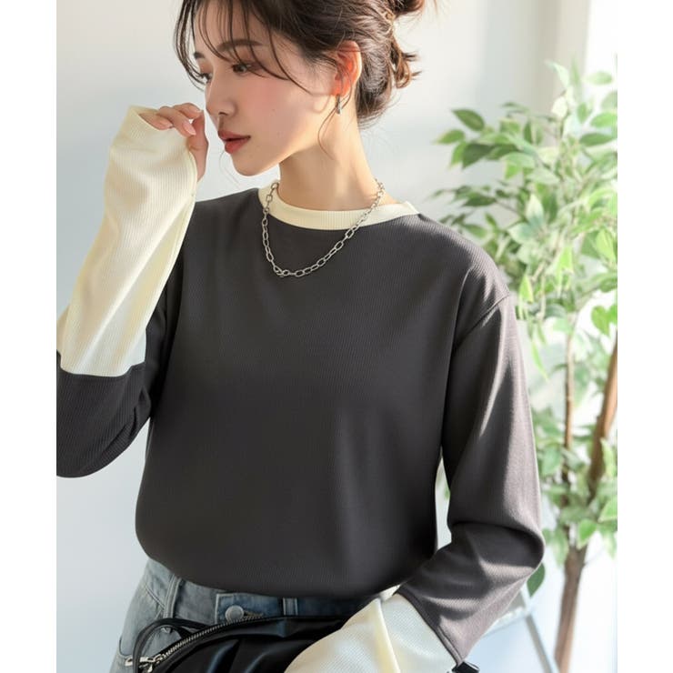 レイヤード見えで仕上げる、きれいめモード。指穴（サムホール）付き袖配色切り替えテ… | Classical Elf  | 詳細画像21 