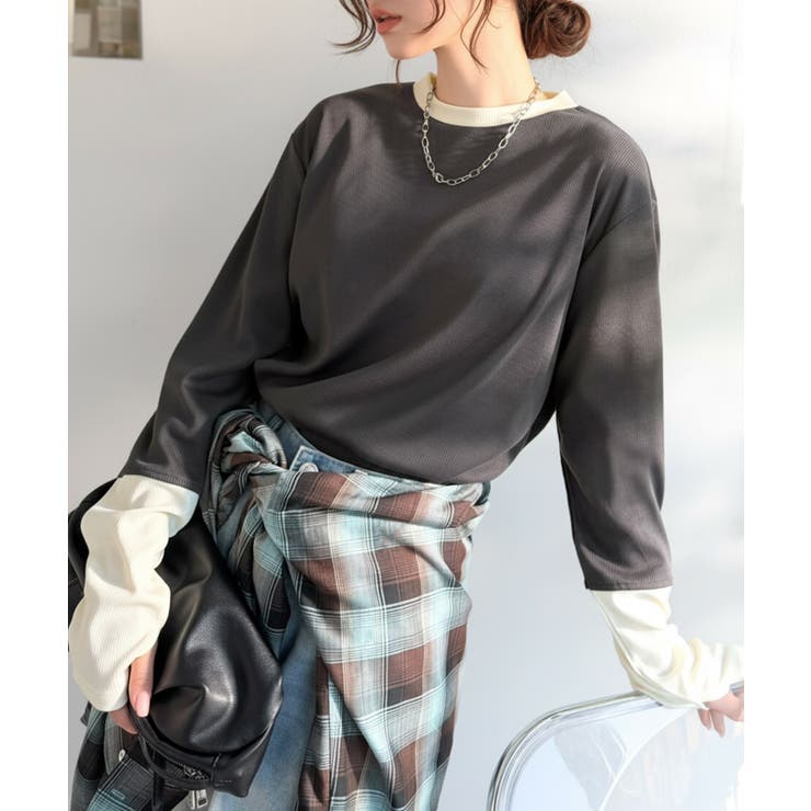 レイヤード見えで仕上げる、きれいめモード。指穴（サムホール）付き袖配色切り替えテ… | Classical Elf  | 詳細画像26 