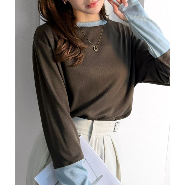 ブラウン | レイヤード見えで仕上げる、きれいめモード。指穴（サムホール）付き袖配色切り替えテ… | Classical Elf 
