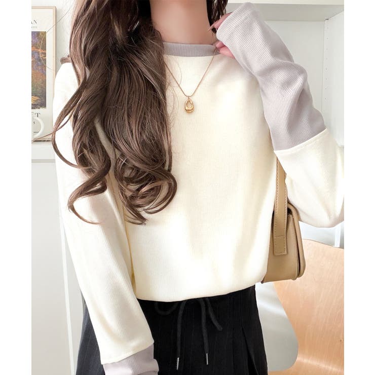 レイヤード見えで仕上げる、きれいめモード。指穴（サムホール）付き袖配色切り替えテ… | Classical Elf  | 詳細画像2 