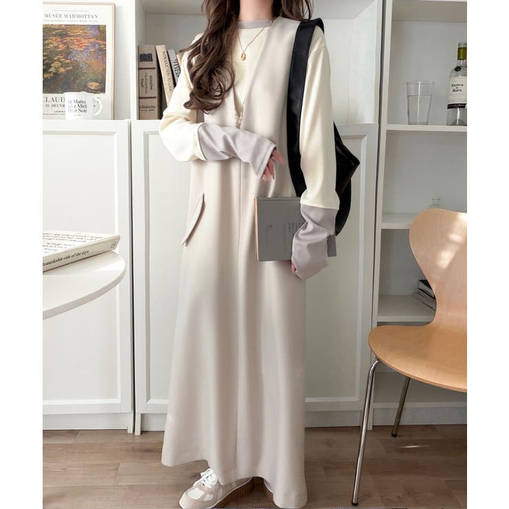 レイヤード見えで仕上げる、きれいめモード。指穴（サムホール）付き袖配色切り替えテ… | Classical Elf  | 詳細画像5 