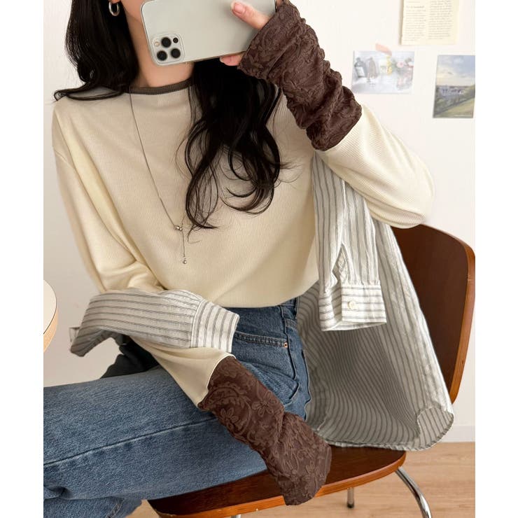 袖先にジャガード咲く♪春、大本命の一着。ふくれジャガード切り替えリブトップス (… | Classical Elf  | 詳細画像6 