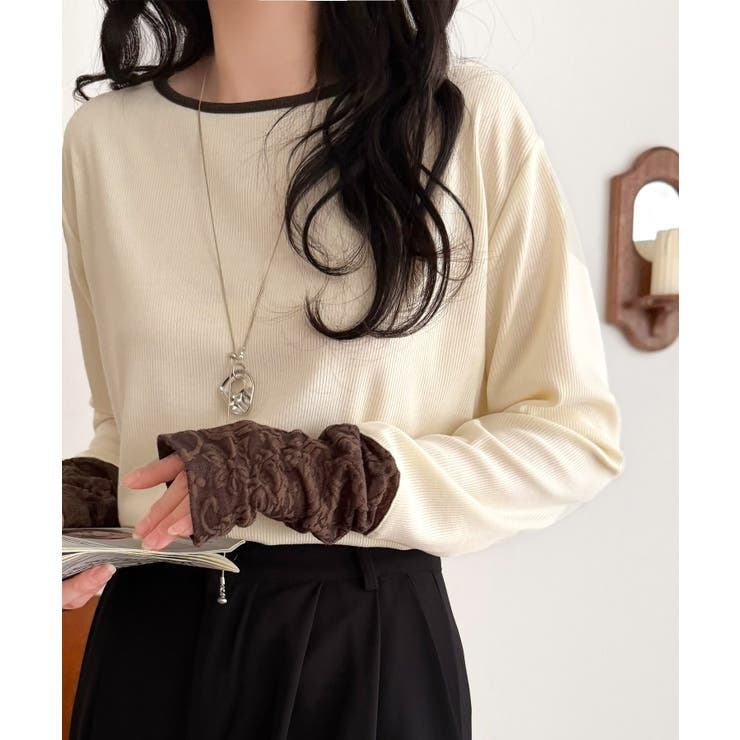 袖先にジャガード咲く♪春、大本命の一着。ふくれジャガード切り替えリブトップス (… | Classical Elf  | 詳細画像8 