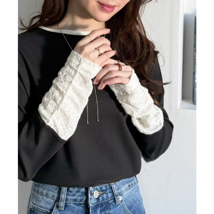 袖先にジャガード咲く♪春、大本命の一着。ふくれジャガード切り替えリブトップス (… | Classical Elf  | 詳細画像12 