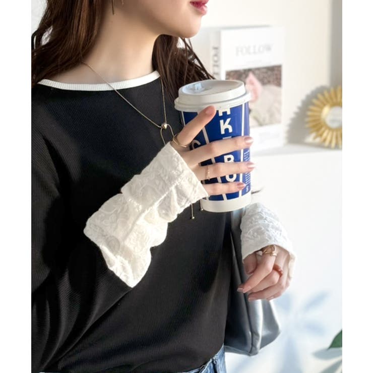 ブラック | 袖先にジャガード咲く♪春、大本命の一着。ふくれジャガード切り替えリブトップス (… | Classical Elf 