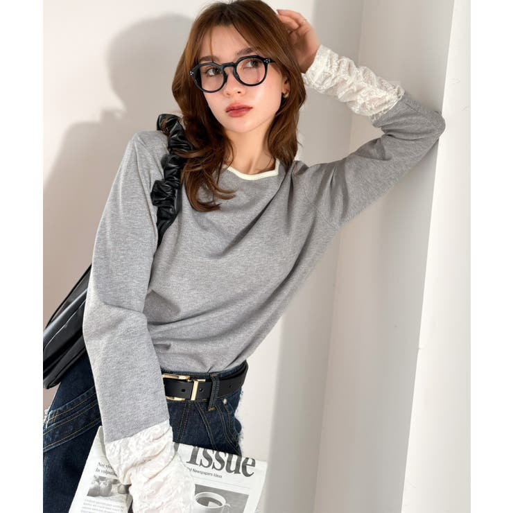 袖先にジャガード咲く♪春、大本命の一着。ふくれジャガード切り替えリブトップス (… | Classical Elf  | 詳細画像26 