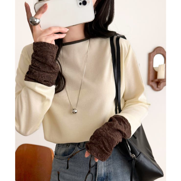 袖先にジャガード咲く♪春、大本命の一着。ふくれジャガード切り替えリブトップス (… | Classical Elf  | 詳細画像2 