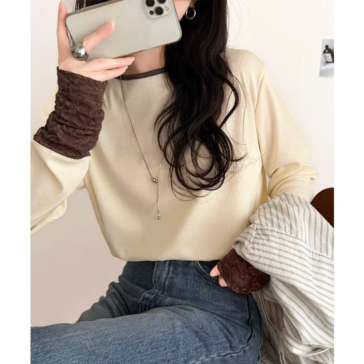 袖先にジャガード咲く♪春、大本命の一着。ふくれジャガード切り替えリブトップス (… | Classical Elf  | 詳細画像3 