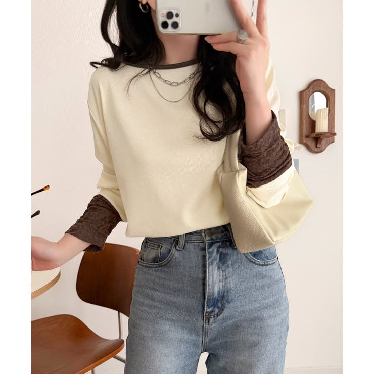 袖先にジャガード咲く♪春、大本命の一着。ふくれジャガード切り替えリブトップス (… | Classical Elf  | 詳細画像4 