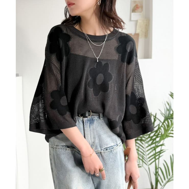 配色花柄で華やかに決まる♪フラワーモチーフジャガードメッシュサマーニット | Classical Elf  | 詳細画像23 