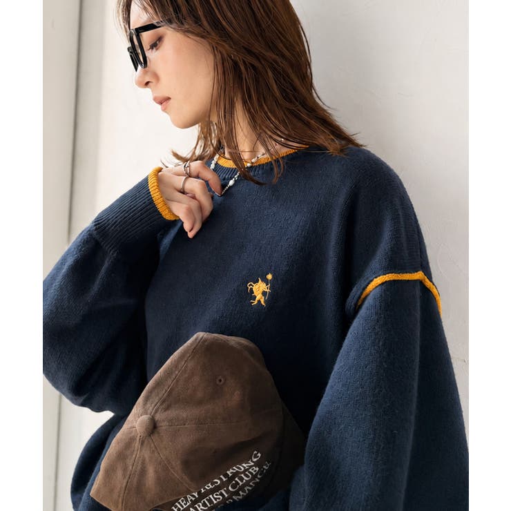 ゆるっと上品、やさしく映える。胸刺繍入り配色クルーネックオーバーサイズニット（長… | Classical Elf  | 詳細画像32 