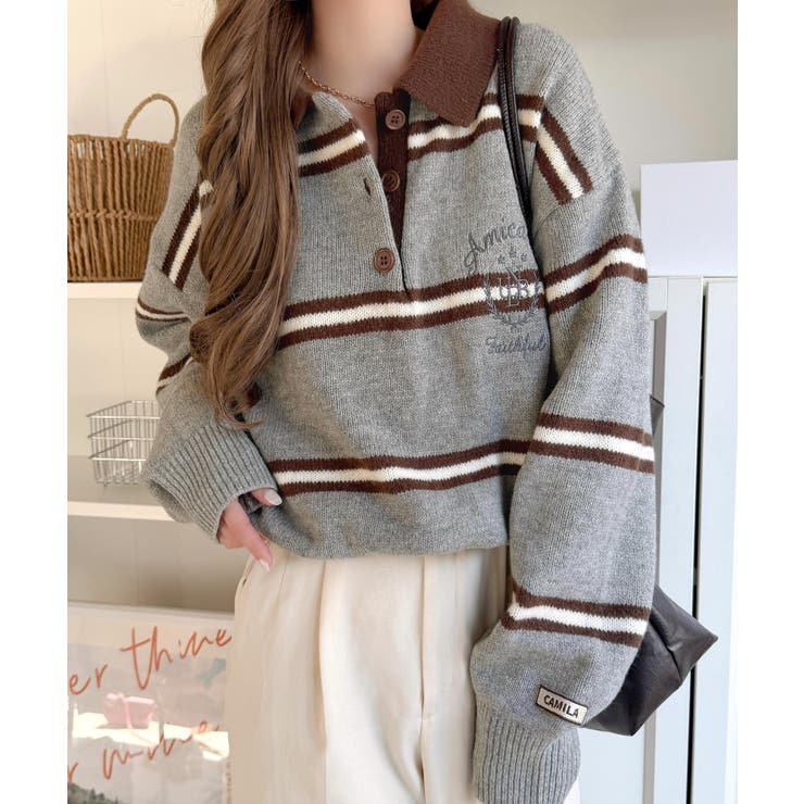 一枚で着映える！胸元エンブレム刺繍マルチカラーラガーニットポロ(オーバーサイズ) | Classical Elf  | 詳細画像3 