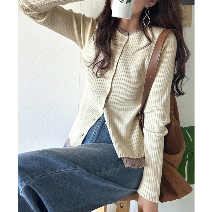 レイヤード風デザインでこなれ感アップ◎重ね着風配色リブカーディガントップス（長袖… | Classical Elf  | 詳細画像6 