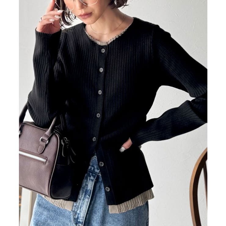 ブラック | レイヤード風デザインでこなれ感アップ◎重ね着風配色リブカーディガントップス（長袖… | Classical Elf 