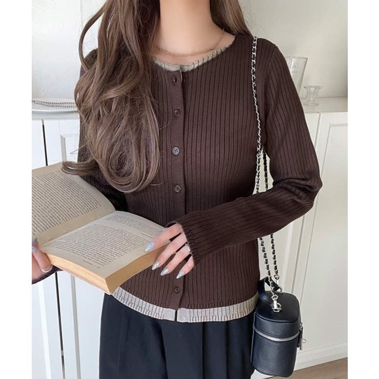 レイヤード風デザインでこなれ感アップ◎重ね着風配色リブカーディガントップス（長袖… | Classical Elf  | 詳細画像20 