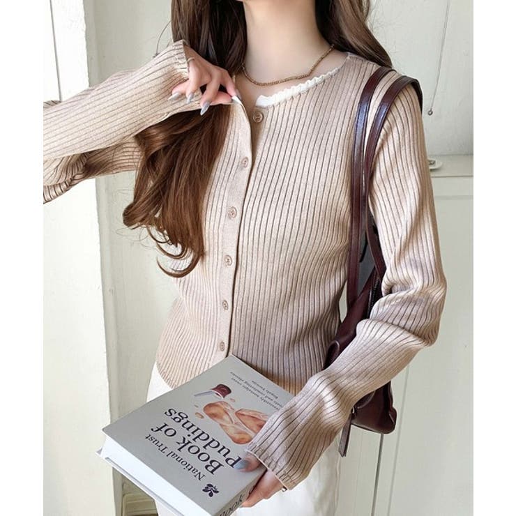 レイヤード風デザインでこなれ感アップ◎重ね着風配色リブカーディガントップス（長袖… | Classical Elf  | 詳細画像30 