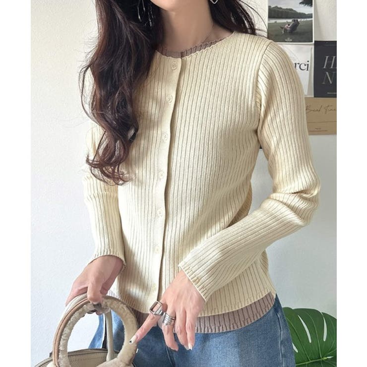 レイヤード風デザインでこなれ感アップ◎重ね着風配色リブカーディガントップス（長袖… | Classical Elf  | 詳細画像2 