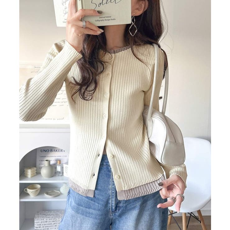 レイヤード風デザインでこなれ感アップ◎重ね着風配色リブカーディガントップス（長袖… | Classical Elf  | 詳細画像3 