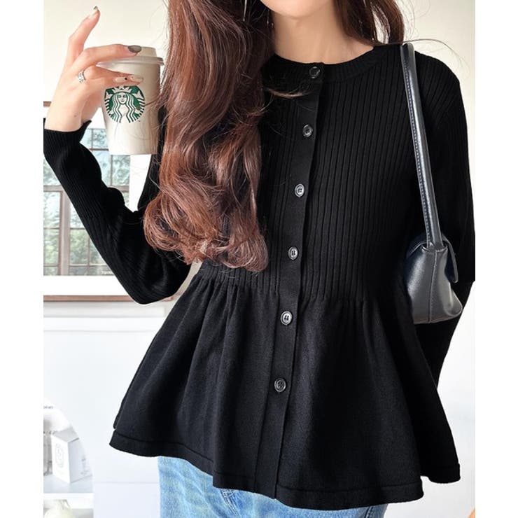 ブラック | "メリハリ"シルエットで即きれい見え◎リブフリルペプラムカーデトップス（長袖） | Classical Elf 