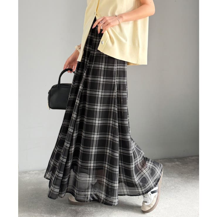 ブラックチェック | シアーで抜け感◎どんなコーデも軽やかに決まる。アソート柄フレアスカート | Classical Elf 