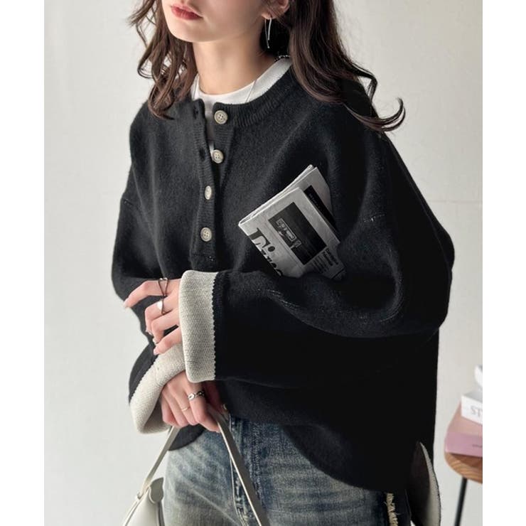 ブラック | 自然な華奢見え。さりげない配色でこなれ感を演出♪ダブルフェイス素材クルーネック配… | Classical Elf 