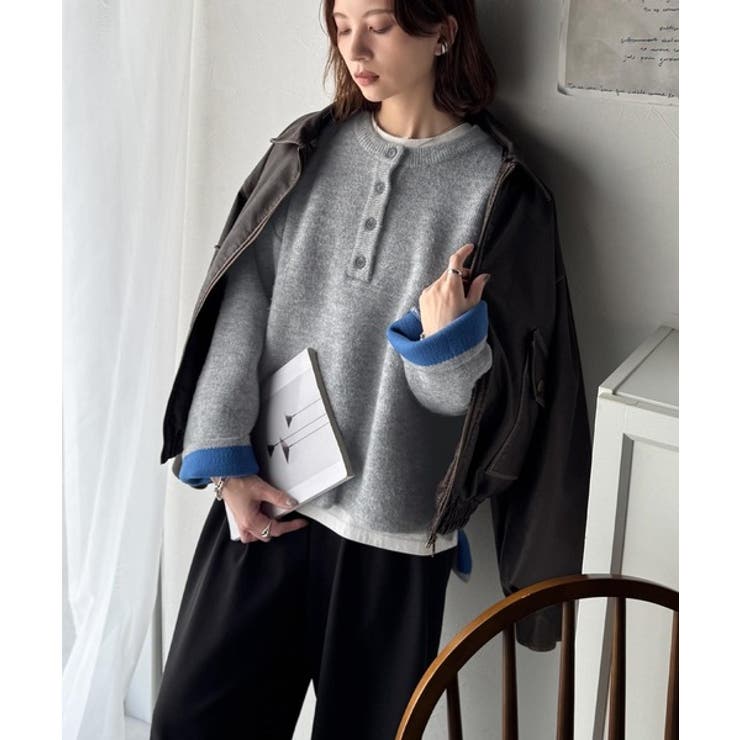 自然な華奢見え。さりげない配色でこなれ感を演出♪ダブルフェイス素材クルーネック配… | Classical Elf  | 詳細画像10 