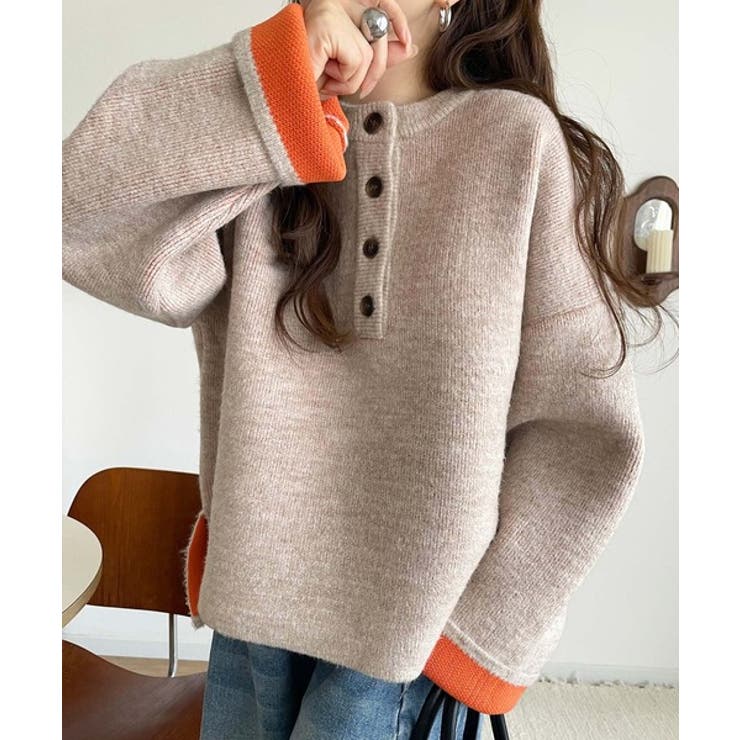 ベージュ | 自然な華奢見え。さりげない配色でこなれ感を演出♪ダブルフェイス素材クルーネック配… | Classical Elf 