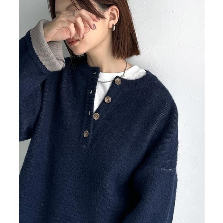 ネイビー | 自然な華奢見え。さりげない配色でこなれ感を演出♪ダブルフェイス素材クルーネック配… | Classical Elf 