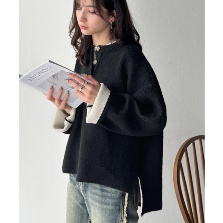 自然な華奢見え。さりげない配色でこなれ感を演出♪ダブルフェイス素材クルーネック配… | Classical Elf  | 詳細画像1 