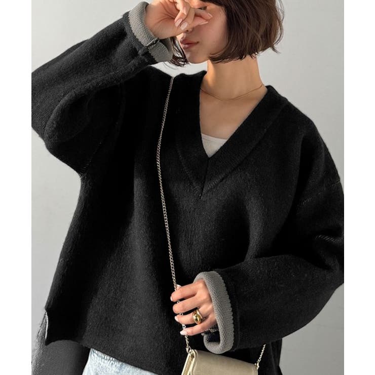 ブラック | 深めのネックが大人の抜け感をプラス◎WFACE Vネック配色ニットPO | Classical Elf 