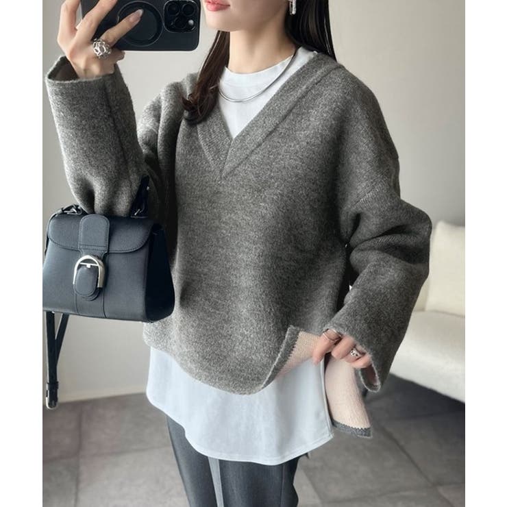 深めのネックが大人の抜け感をプラス◎WFACE Vネック配色ニットPO | Classical Elf  | 詳細画像9 