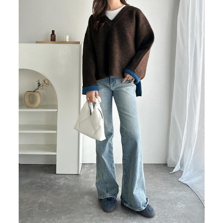 深めのネックが大人の抜け感をプラス◎WFACE Vネック配色ニットPO | Classical Elf  | 詳細画像16 