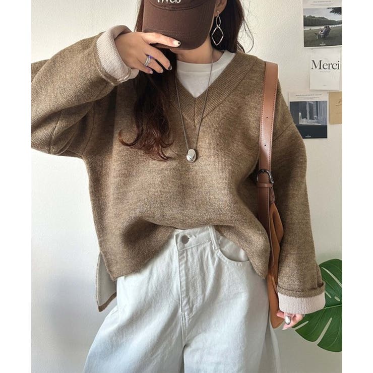 深めのネックが大人の抜け感をプラス◎WFACE Vネック配色ニットPO | Classical Elf  | 詳細画像17 