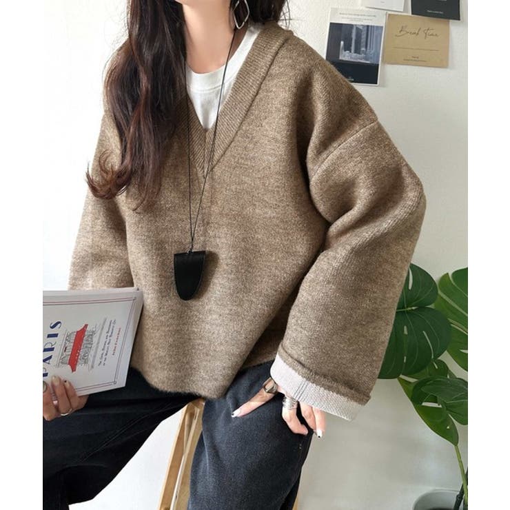 深めのネックが大人の抜け感をプラス◎WFACE Vネック配色ニットPO | Classical Elf  | 詳細画像23 