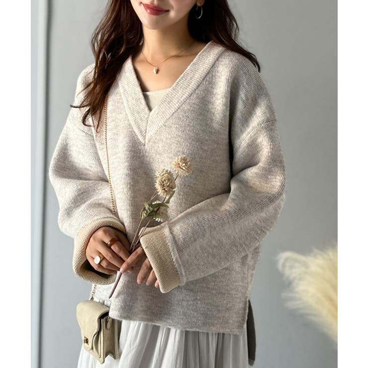 深めのネックが大人の抜け感をプラス◎WFACE Vネック配色ニットPO | Classical Elf  | 詳細画像25 