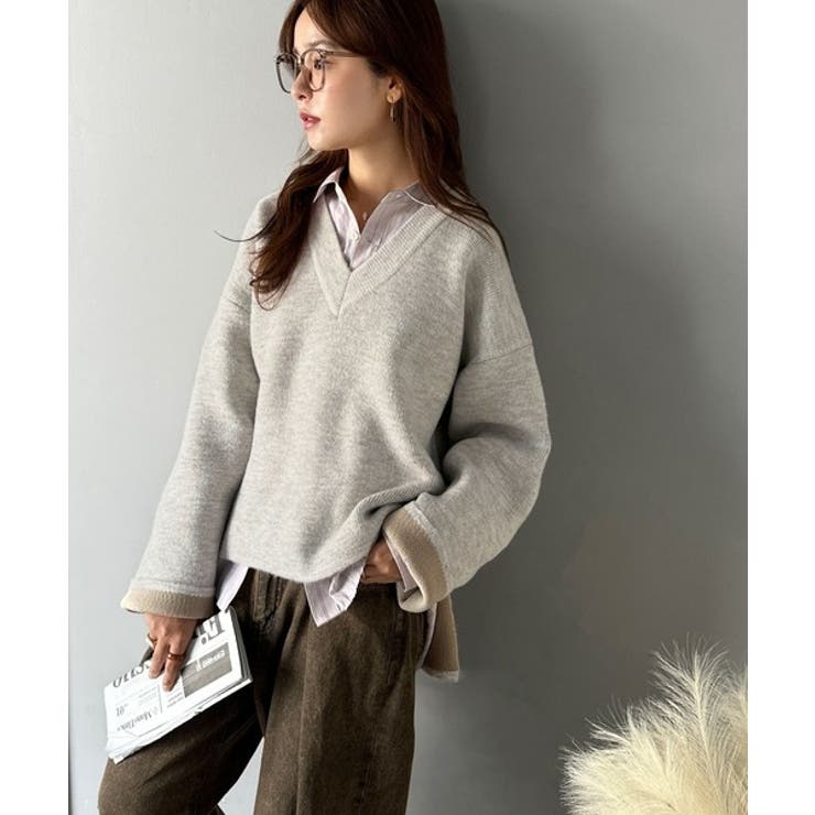 深めのネックが大人の抜け感をプラス◎WFACE Vネック配色ニットPO | Classical Elf  | 詳細画像30 