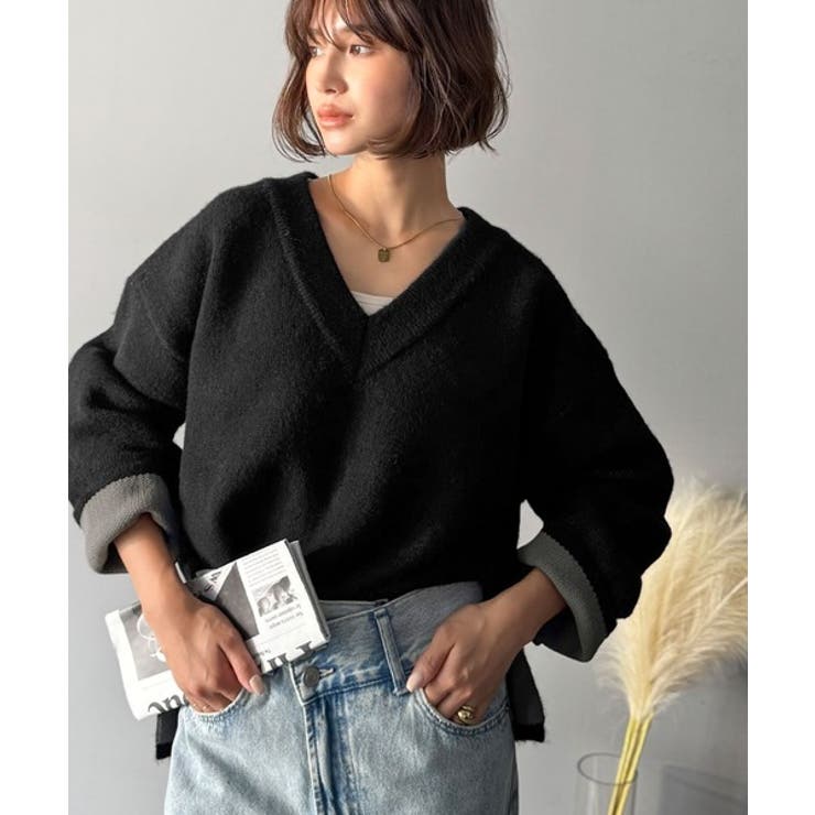 深めのネックが大人の抜け感をプラス◎WFACE Vネック配色ニットPO | Classical Elf  | 詳細画像1 