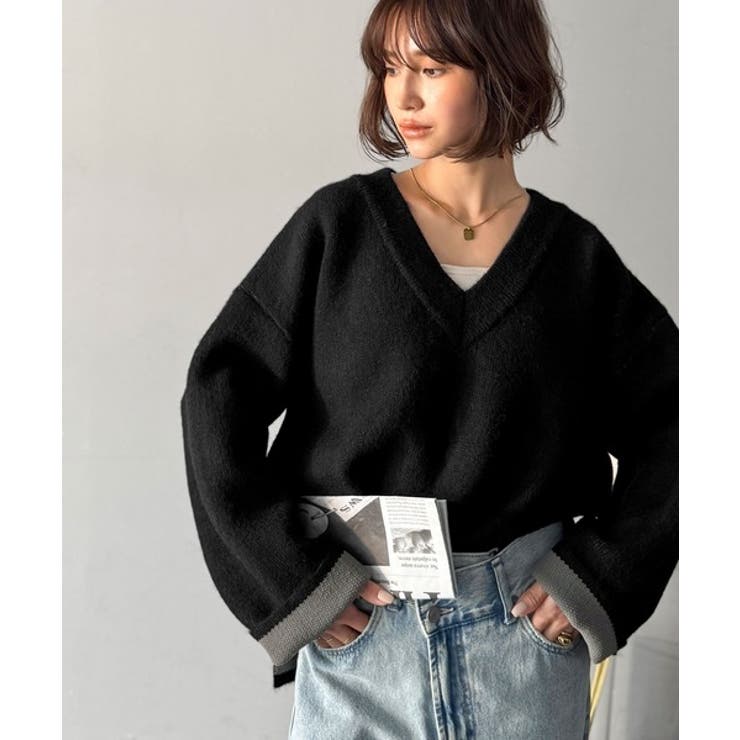 深めのネックが大人の抜け感をプラス◎WFACE Vネック配色ニットPO | Classical Elf  | 詳細画像3 