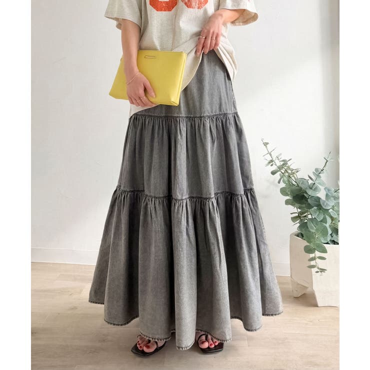 ブラック | ヴィンテージ感漂う。綿100％ シワ加工デニムティアードスカート | Classical Elf 