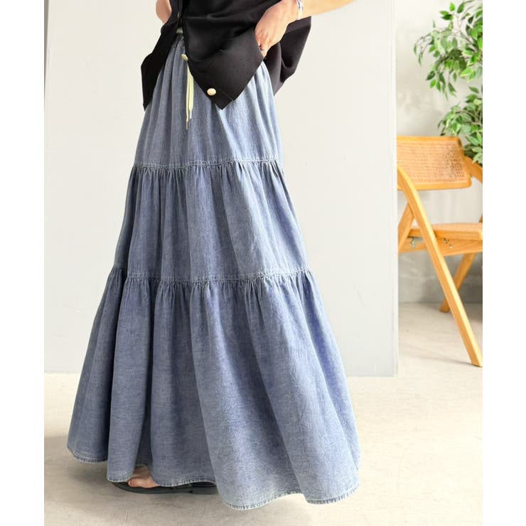 ヴィンテージ感漂う。綿100％ シワ加工デニムティアードスカート | Classical Elf  | 詳細画像14 