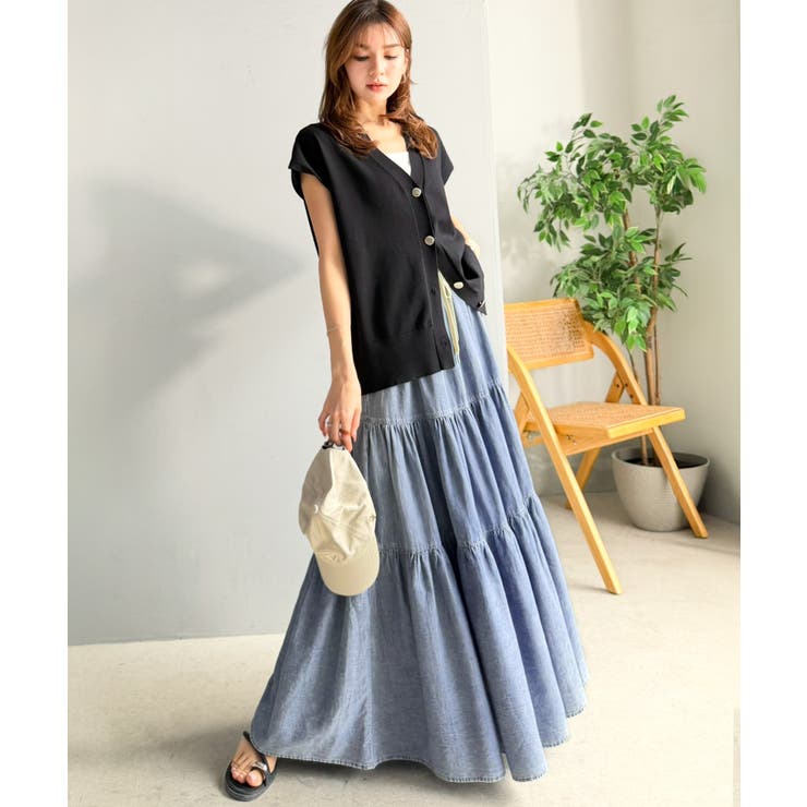 ヴィンテージ感漂う。綿100％ シワ加工デニムティアードスカート | Classical Elf  | 詳細画像16 