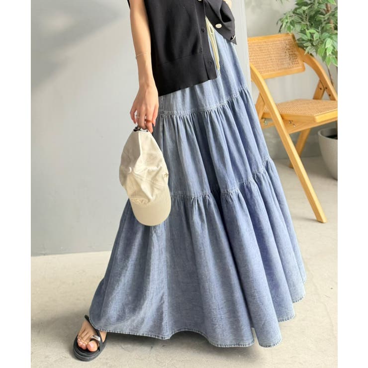 ブルー | ヴィンテージ感漂う。綿100％ シワ加工デニムティアードスカート | Classical Elf 