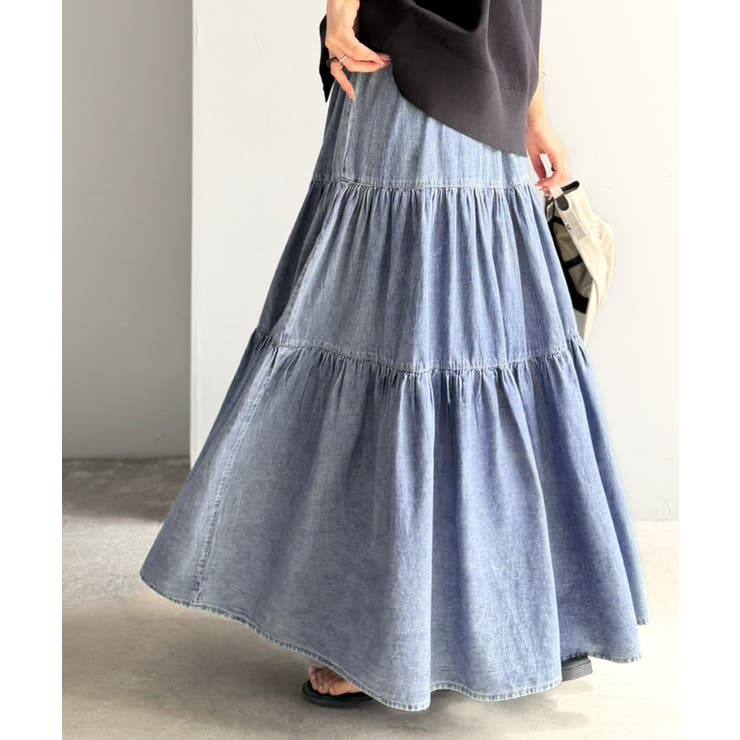 ヴィンテージ感漂う。綿100％ シワ加工デニムティアードスカート | Classical Elf  | 詳細画像19 