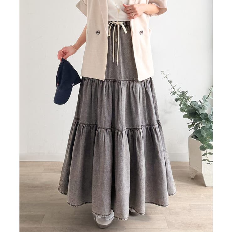 ヴィンテージ感漂う。綿100％ シワ加工デニムティアードスカート | Classical Elf  | 詳細画像6 