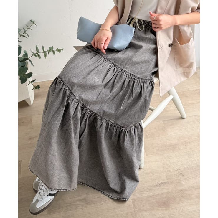 ヴィンテージ感漂う。綿100％ シワ加工デニムティアードスカート | Classical Elf  | 詳細画像7 