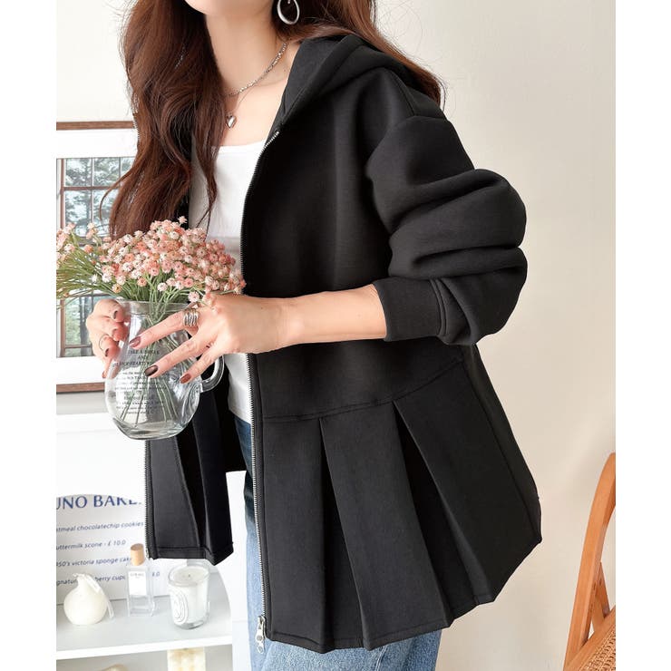 ブラック | 主役級！今日の可愛いを格上げ！ ダブルジップペプラムマシュマロダンボールパーカー | Classical Elf 