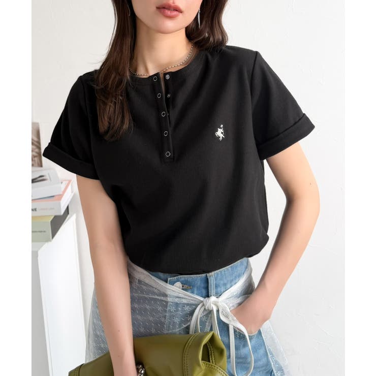 すっきり華奢魅せ。袖ロールアップ胸刺繍入りヘンリーネックリブTシャツ (半袖) | Classical Elf  | 詳細画像12 