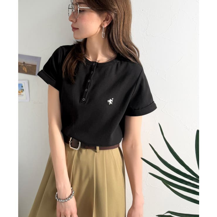 すっきり華奢魅せ。袖ロールアップ胸刺繍入りヘンリーネックリブTシャツ (半袖) | Classical Elf  | 詳細画像15 